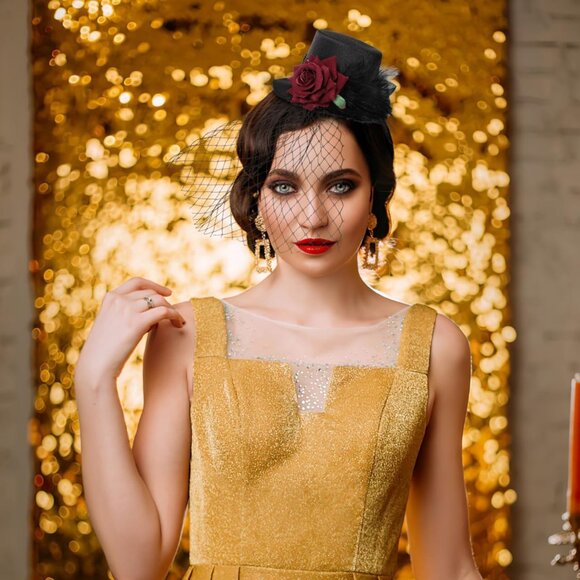 Mini Black Victorian Top Hat Satin Red Rose Veil Women Accessories - Picture 4 of 9